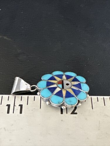 Zuni Sun Face Pendant | Turquoise, Mother of Pearl, Onyx Inlay | Sterling Silver | Native American Handmade | 15179