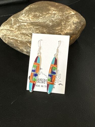 Southwestern Sterling Silver Multi-Color Turquoise Lapis Inlay Earrings | Authentic Native American Handmade | 14937