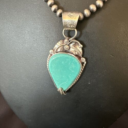 Navajo Blue Turquoise Pendant Necklace | Sterling Silver Pearls | Authentic Native American Handmade | 15648