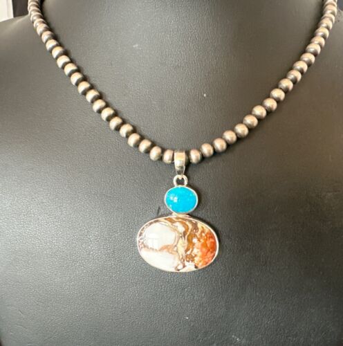 Navajo Wild Horse | Blue Kingman Turquoise Necklace | Sterling Silver | Authentic Native American Handmade | 17341 - Masha USA