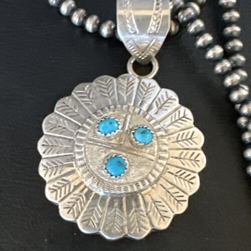 Navajo Sunface Blue Kingman Turquoise Pendant | Sterling Silver | 2.75" | Authentic Native American Handmade | 15209