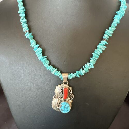 Navajo Blue Turquoise Coral Pendant Necklace | Sterling Silver Pearls | 20" | Authentic Native American Handmade | 17541