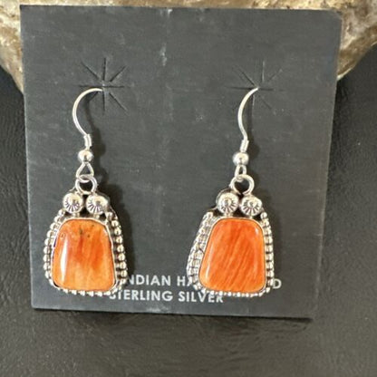 Navajo Orange Spiny Oyster Dangle Earrings | Sterling Silver | Authentic Native American Handmade | 17274