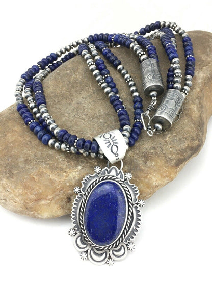 Navajo Lapis Lazuli Multi-Strand Necklace Pendant | Sterling Silver | Authentic Native American Handmade | 1273