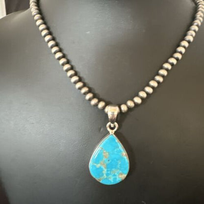 Navajo Blue Kingman Turquoise Pendant Necklace | Sterling Silver | 20" | Authentic Native American Handmade | 17012