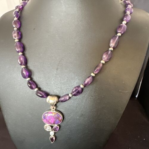 Mojave Turquoise Amethyst Pendant Necklace | Navajo Pearls | Sterling Silver | Native American Handmade | 16097