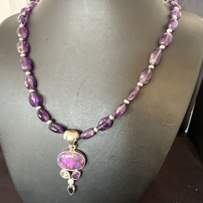 Mojave Turquoise Amethyst Pendant Necklace | Navajo Pearls | Sterling Silver | Native American Handmade | 16097