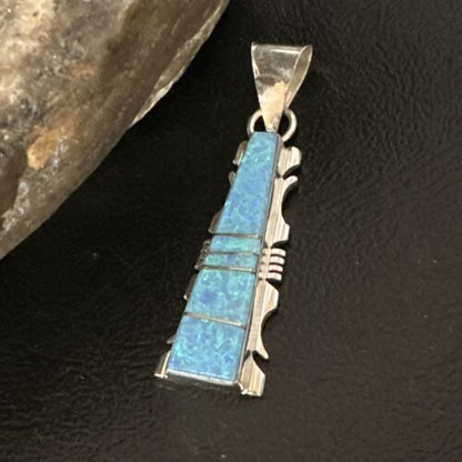Navajo Blue Opal Inlay Pendant Necklace | Sterling Silver | Authentic Native American Handmade | 15671