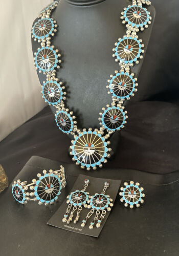 Zuni Ultra Rare Sunface Onyx Turquoise Inlay Squash Blossom Necklace Bracelet | Sterling Silver | 16679