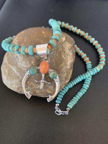 Navajo Pearls Necklace with Blue Turquoise & Spiny Oyster Naja Pendant | Sterling Silver | 10261