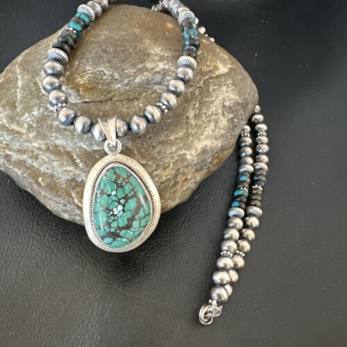Men's Navajo Blue Spiderweb Turquoise Pendant Necklace | Sterling Silver | Native American Handmade | 16240