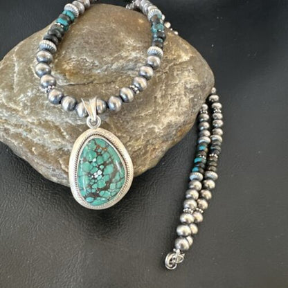 Men's Navajo Blue Spiderweb Turquoise Pendant Necklace | Sterling Silver | Native American Handmade | 16240