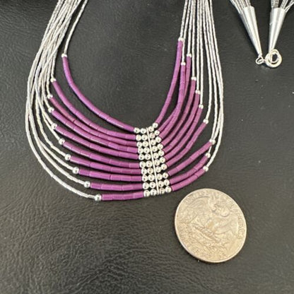 Navajo Sugilite 10-Strand Sterling Liquid Silver Tube Heishi Necklace 22" | Handmade | 16318