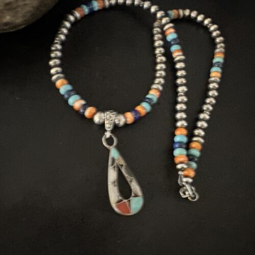 Navajo Spiny Oyster Turquoise Lapis Inlay Pendant Necklace | Sterling Silver | 21" | 16769