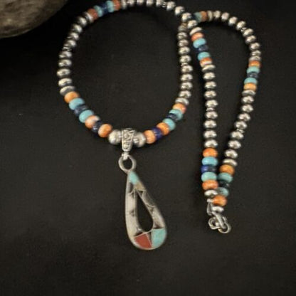 Navajo Spiny Oyster Turquoise Lapis Inlay Pendant Necklace | Sterling Silver | 21" | 16769