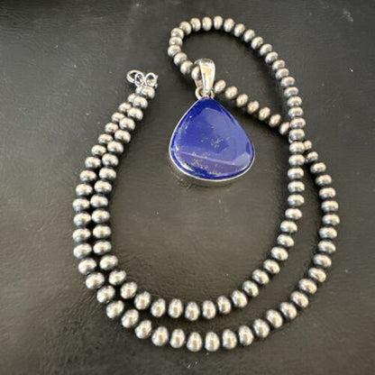 Navajo Blue Lapis Pendant with Pearls | Sterling Silver Necklace | 20" | Authentic Native American Handmade | 16670