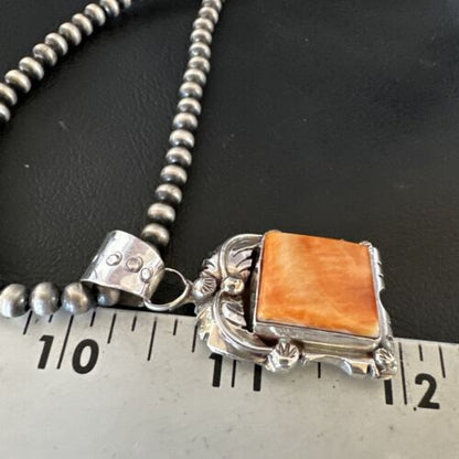 Navajo Orange Spiny Oyster Pendant Necklace | Sterling Silver | 20" | Authentic Native American Handmade | 16142