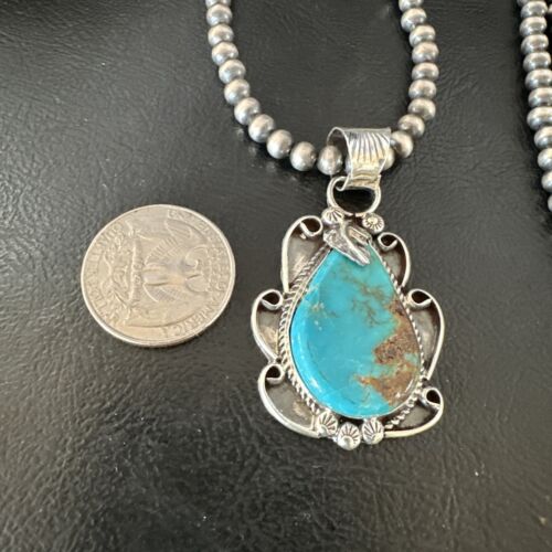 Men's Blue Kingman Turquoise Pendant Necklace | Navajo Pearls | Sterling Silver | 16022
