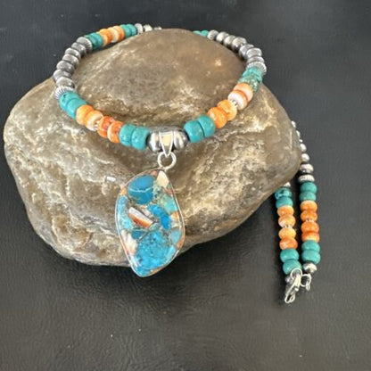 Navajo Spiny Turquoise Pendant Necklace | Sterling Silver | 22" | Authentic Native American Handmade | 17415