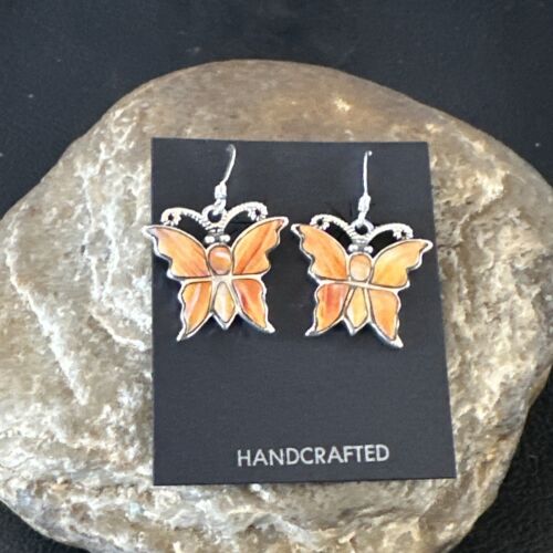 Navajo Butterfly Orange Spiny Oyster Inlay Earrings | Sterling Silver | Authentic Native American Handmade | 16523