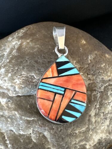 Women's Blue Turquoise & Spiny Oyster Inlay Pendant | Navajo Sterling Silver | Authentic Native American Jewelry | 15196