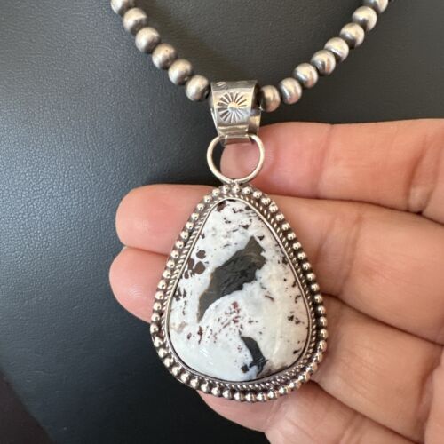 Navajo White Buffalo Turquoise Pendant | Sterling Silver Pearls Necklace | Authentic Native American Handmade | 17107