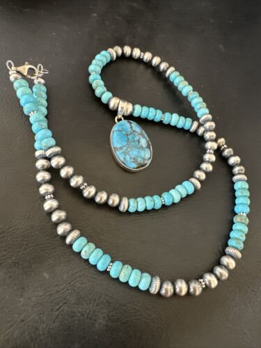 Navajo Blue Spiderweb Turquoise Pendant Necklace | Sterling Silver | Authentic Native American Handmade | 16649