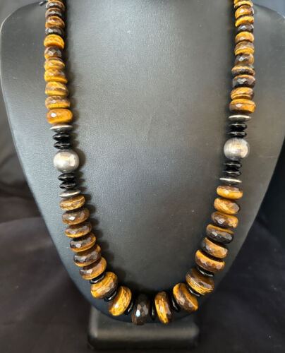 Navajo Coffee Tiger's Eye & Black Onyx Necklace | Sterling Silver Navajo Pearls | 22" | Authentic Native American | 15228