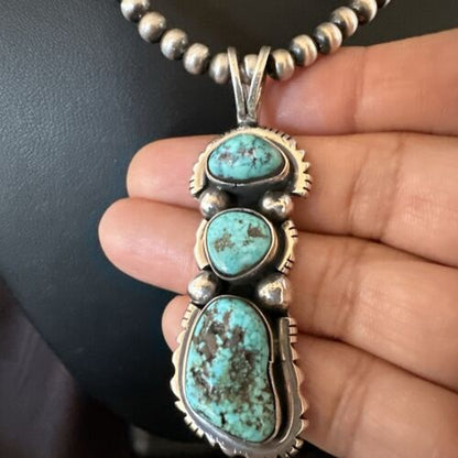 Navajo Blue Kingman Turquoise 3 Stone Cluster Pendant | Sterling Silver | Authentic Native American Handmade | 17632