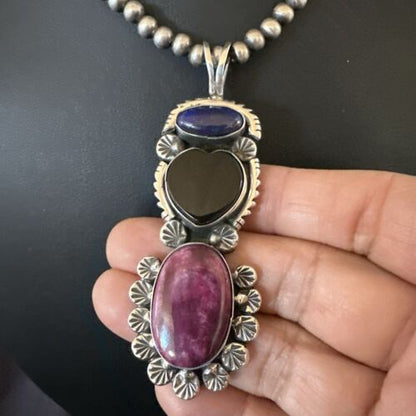 Navajo Black Onyx Purple Spiny 3-Stone Cluster Pendant | Sterling Silver | Authentic Native American Handmade | 17635