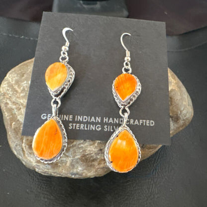 Navajo Orange Spiny Oyster Dangle Earrings | Sterling Silver | 1.5" | Authentic Native American Handmade | 16561