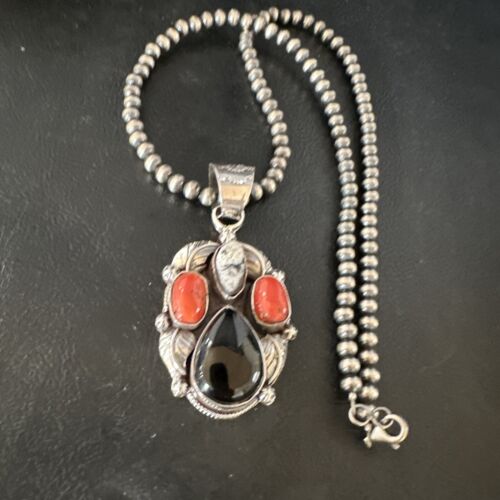 Navajo White Buffalo Coral Onyx Pearls Cluster Pendant | Sterling Silver | Native American Handmade | 15369