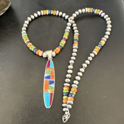 Navajo Lapis Spiny Oyster Turquoise Inlay Pendant Necklace | Sterling Silver | 21" | Authentic Native American Handmade | 16626