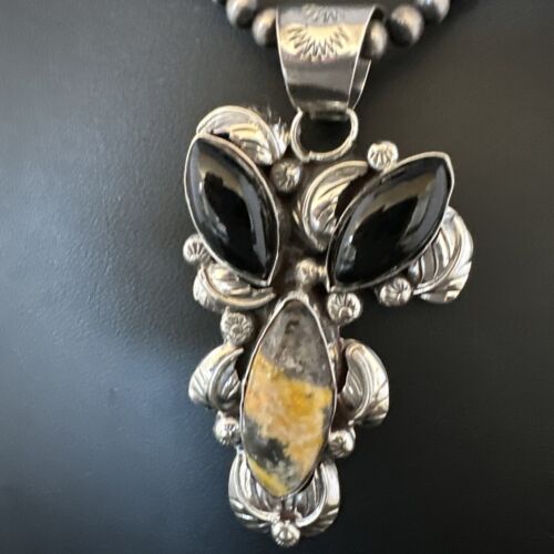 Men's Navajo Pearls Onyx Bumblebee Jasper Pendant | Sterling Silver | Multi-Stone Necklace | 15415