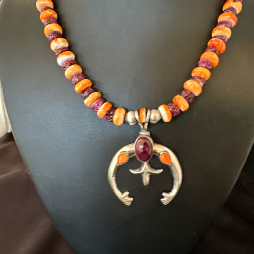 Navajo Orange Purple Spiny Oyster Naja Pendant Necklace | Sterling Silver | Authentic Native American Handmade | 15536