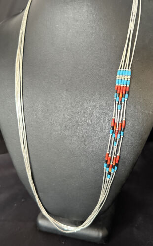 Multi-Color Liquid Silver Heishi Necklace | 5-Strand Sterling Tubes | 25" | Authentic Native American Handmade | 15136