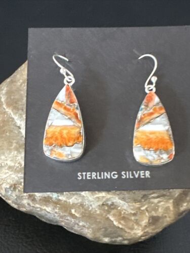 Navajo Blue Turquoise & Orange Spiny Oyster Inlay Dangle Earrings | Sterling Silver | 15583