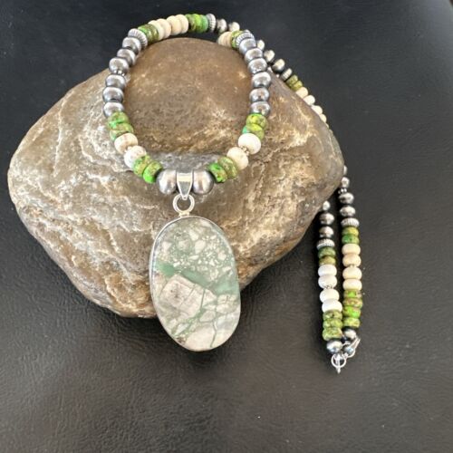 Navajo Green Turquoise Jasper Pendant Necklace | Sterling Silver | Native American Handmade | 16924