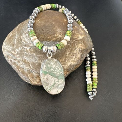 Navajo Green Turquoise Jasper Pendant Necklace | Sterling Silver | Native American Handmade | 16924