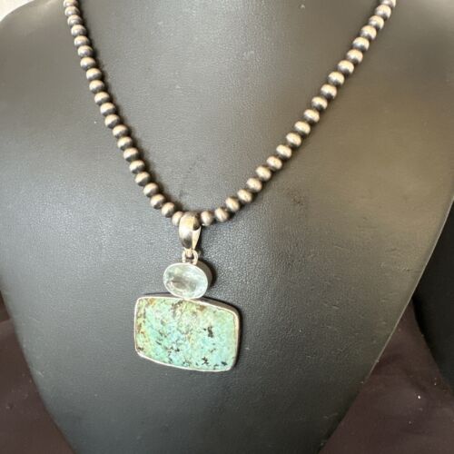 Navajo Dry Creek Turquoise Topaz Pendant Necklace | Sterling Silver | Authentic Native American Handmade | 16446