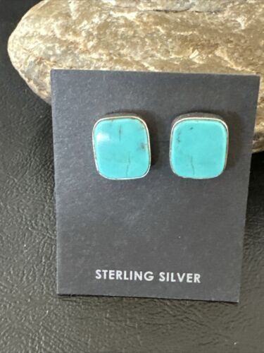 Navajo Blue Kingman Turquoise Post Stud Earrings | Sterling Silver | Authentic Native American Handmade | 17481