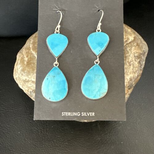 Navajo Blue Kingman Turquoise Dangle Earrings | Sterling Silver | Authentic Native American Handmade | 15108