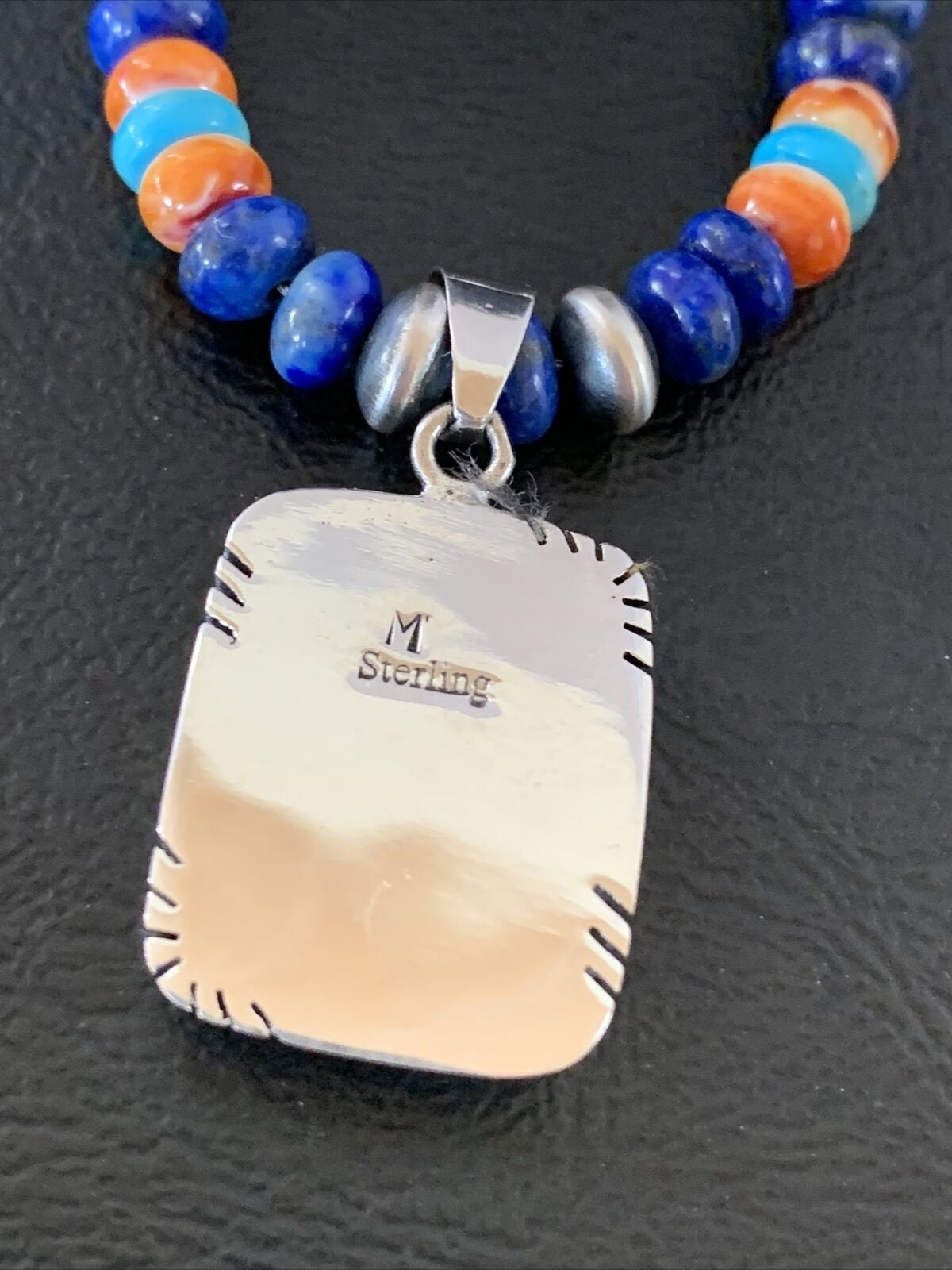 Navajo Native American Multicolor Turquoise Spiny Inlay Pendant Necklace | Sterling Silver | 10335