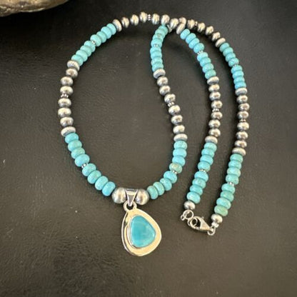 Navajo Blue Kingman Turquoise Pendant Necklace | Sterling Silver | 21" | Authentic Native American Handmade | 16933