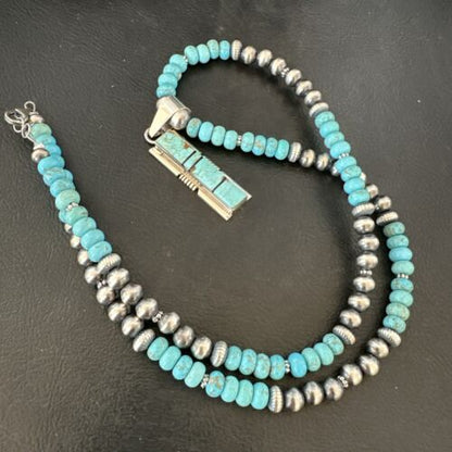 Turquoise #8 Inlay Pendant Necklace | Navajo Sterling Silver | Authentic Native American Handmade | 17057