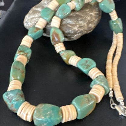 Santo Domingo Green Nugget Turquoise Necklace | Sterling Silver | 30" | Authentic Native American Handmade | 15291 - Masha USA