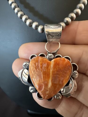 Navajo Orange Spiny Oyster Heart Pendant Necklace | Sterling Silver | Authentic Native American Handmade | 16425