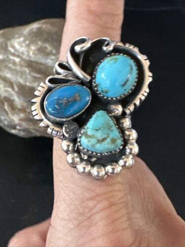 Navajo Blue Turquoise Cluster Ring | Authentic Native American Sterling Silver | Multi-Stone | Sz 8.5 | 14837