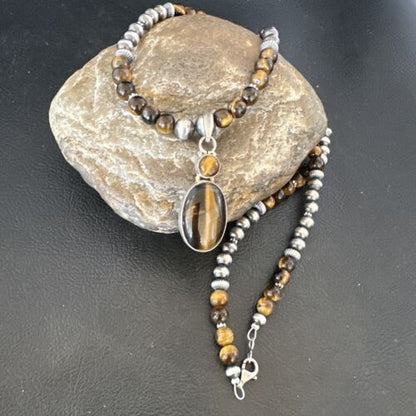 Southwestern Coffee Brown Tiger's Eye Multi-Stone Pendant Necklace | Sterling Silver | 21" | 17052