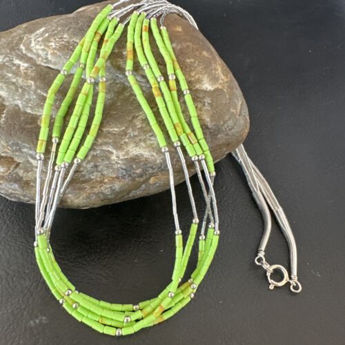 Navajo Green Gaspeite Heishi Bead Necklace | 5-Strand Stabilized Sterling Silver | 20" | 02941